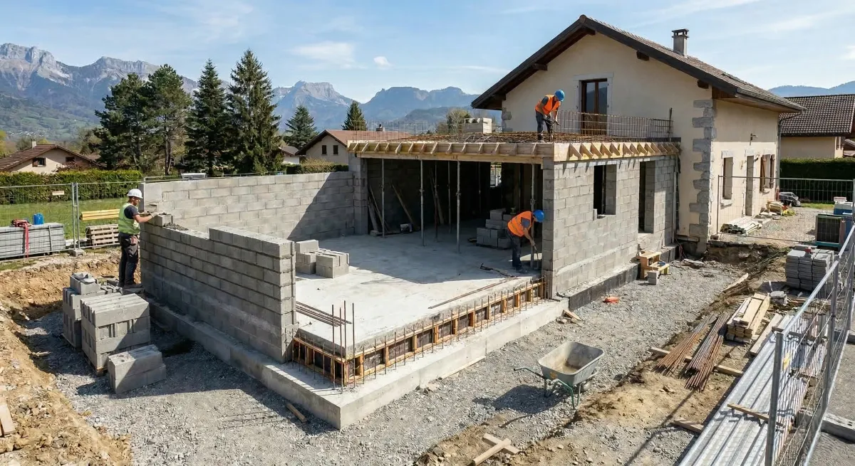 Chantier gros œuvre extension Bonneville 74 — terrassement, fondations béton armé et élévation, artisan maçon de confiance Haute-Savoie